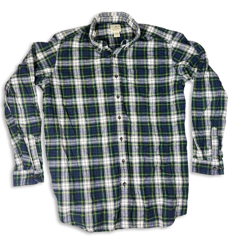 LL Bean Traditional Fit Flannel Green Plaid Button Down Mens XL Tall 100% Cotton